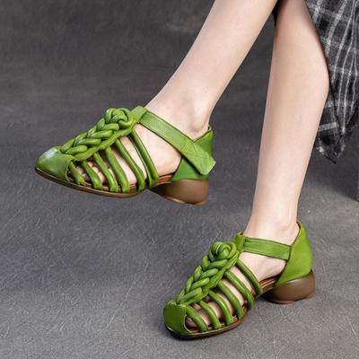 Дышащие сандалии ручной работы из натуральной кожи. Женская обувь на низком каблуке в стиле ретро с круглым носком.