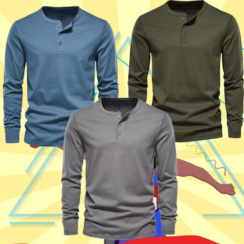 Мужская футболка с вафельным рисунком Хенли и длинными рукавами, базовые дышащие мужские топы, футболки, новые осенние повседневные однотонные футболки на пуговицах