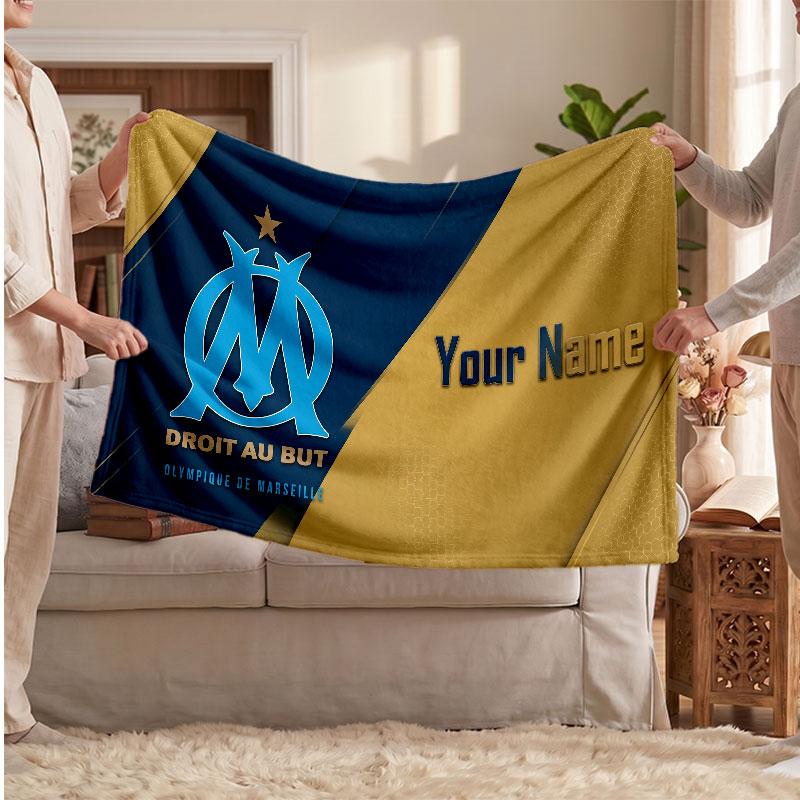 Olympique Marseille FC Personalized Fleece Blanket With Football Logo, Custom Name Text Soft Warm Home Throw Blanket