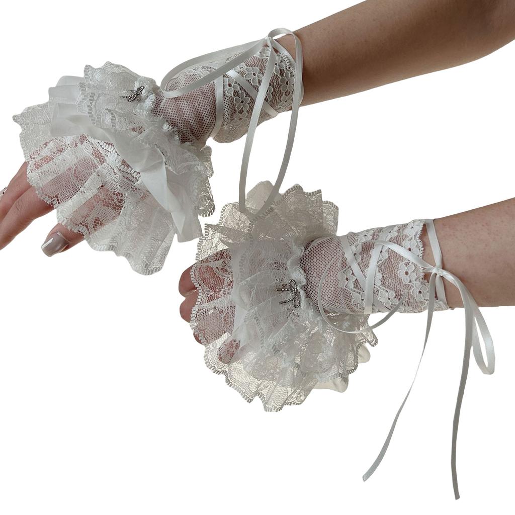 Lolita Ribbon Wrist Cuffs Detachable Wristband Elegant Pleated Lace Brim False Wristband for Balletcore Accessories