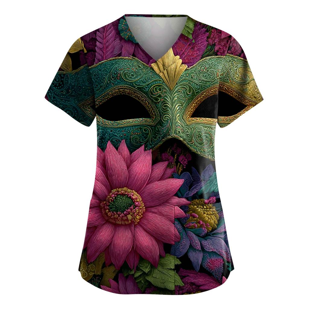 Женская модная рабочая одежда с V-образным вырезом и короткими рукавами, с карманами, топ с карнавальным принтом, униформа для сиделки