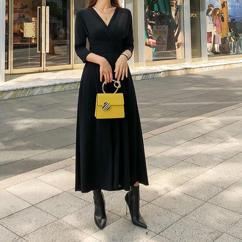 Элегантное вечернее платье с v-образным вырезом и высокой талией, женское длинное платье трапециевидной формы с бантом и поясом, винтажное 2021, сексуальное однотонное платье миди, женское платье Vestidos 13020