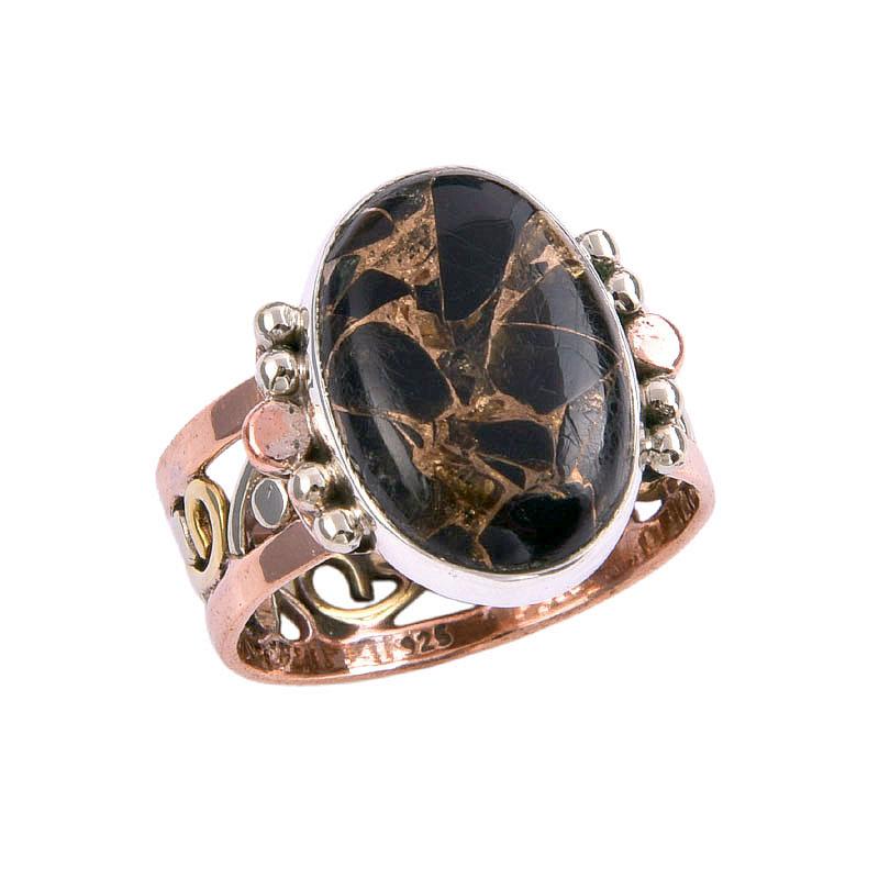 Natural Copper Turquoise Gemstone Two Tone 925 Sterling Silver Ring S.9.5 u9A22
