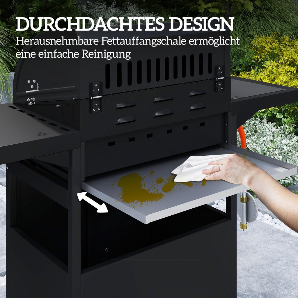 Portable Gas Grill With Storage Space Side Table Side Burner Warming Rack Thermometer Stainless Steel Black