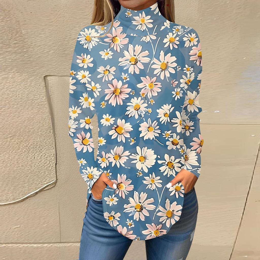 Женская модная повседневная футболка с длинным рукавом с высоким воротом и принтом, пуловер, топ
