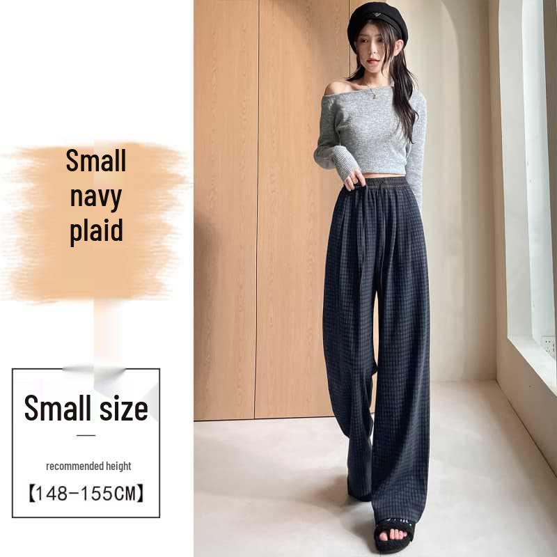 Женские осенние брюки 2025 года в синюю клетку с высокой талией и широкими штанинами на кулиске - Ретро, Стройнящий, Повседневный стиль