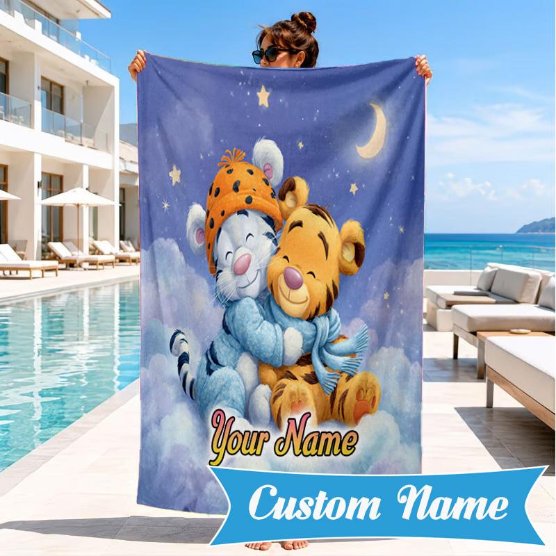 Custom Name Nightly Tiger Hugs Pooh Beach Towel Microfiber Beach Towel, Lightweight and Quick-Dry, for Summer Travel, Swimming Pool Gift