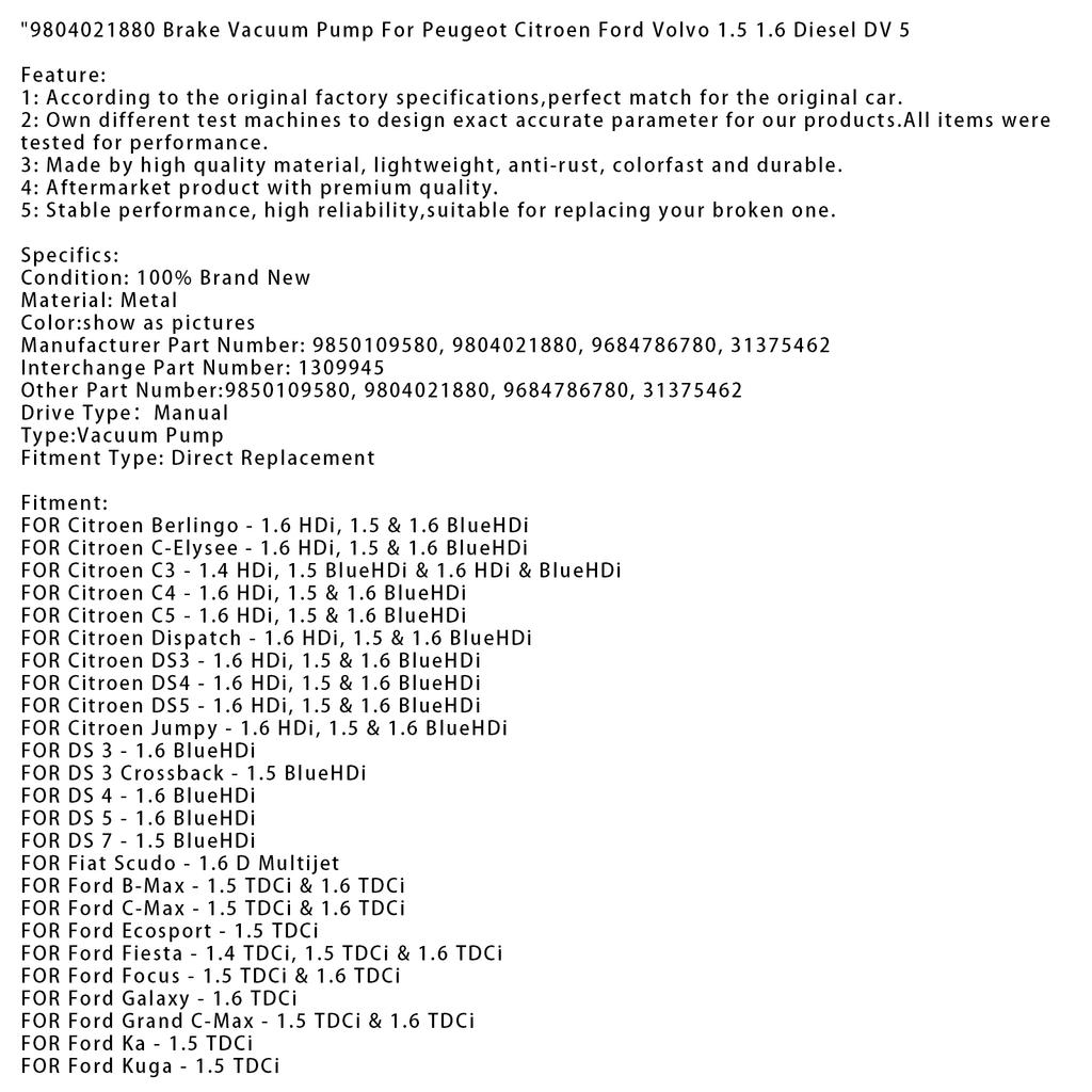 9804021880 Вакуумный насос тормозной системы Для Peugeot Citroen Ford Volvo 1.5 1.6 Дизель DV 5