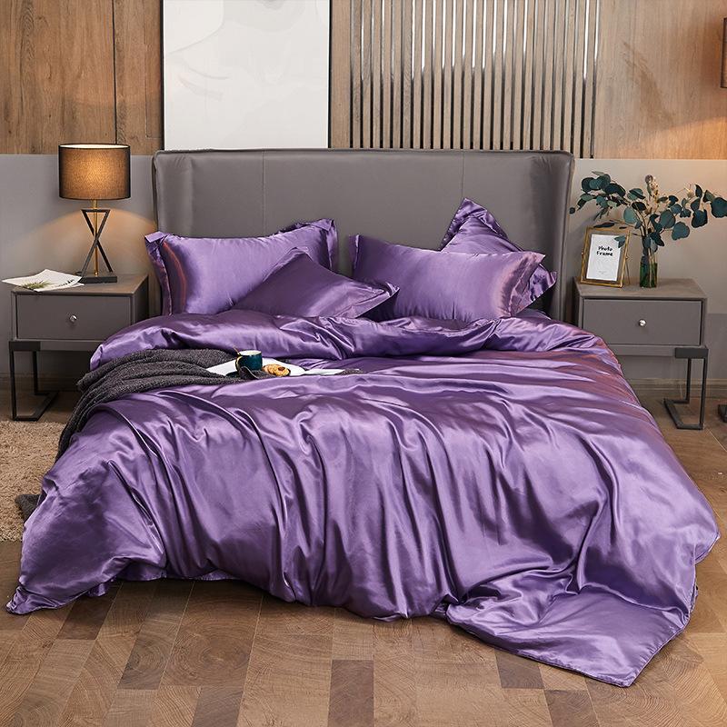 Solid Color Simulation Silk Bedding Bed Sheet Quilt Cover Pillowcase 4-piece Set