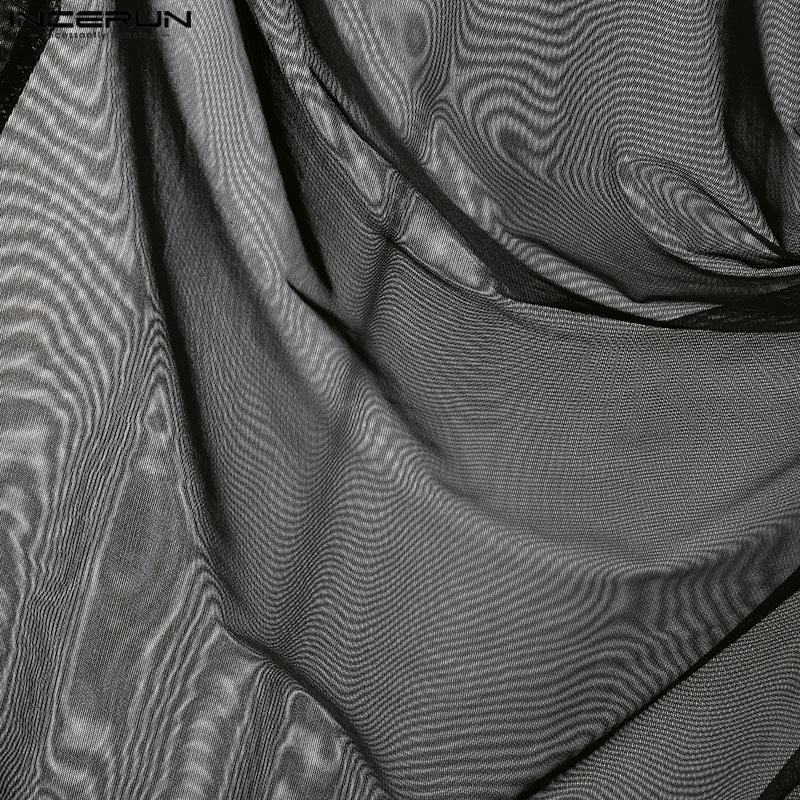 INCERUN Мужские сетчатые футболки с высоким воротом и длинным рукавом