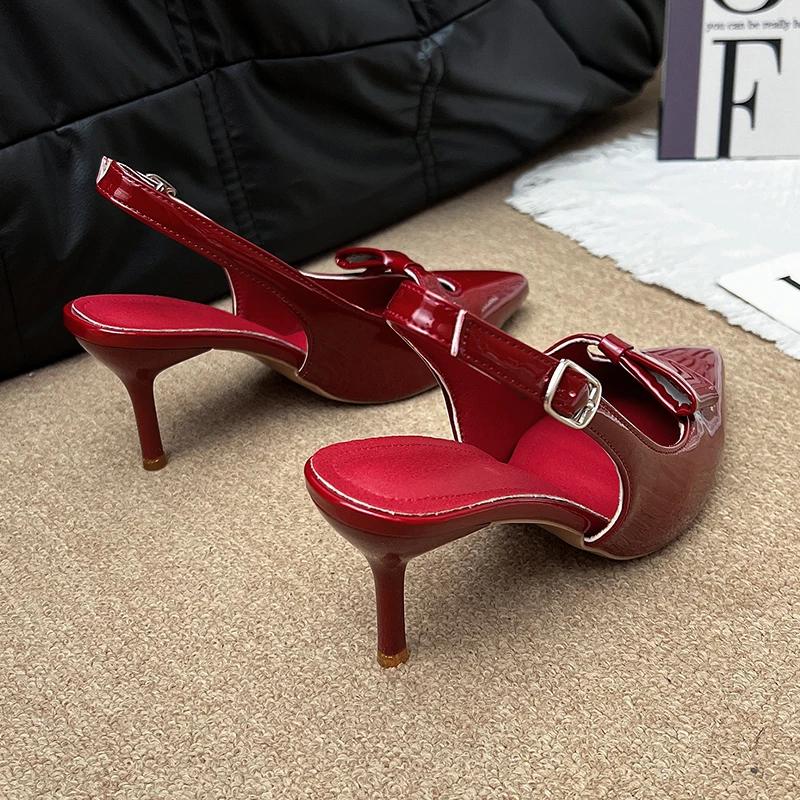 2025 Современные Офисные Женские Туфли Красные Свадебные Без задника Остроносые Украшение Бабочка Женские Босоножки на Высоком Каблуке Туфли-лодочки
