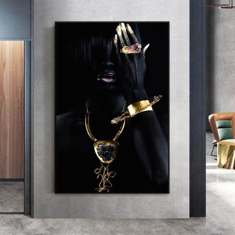 Gold Necklace African Woman Canvas Painting Figure Art Posters and Prints Black Women Wall Art Pictures for Living Room Decor