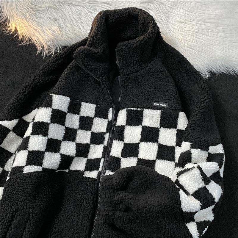 Checkerboard Cotton Jacket Male Autumn Winter Lamb Wool Cotton Jacket Couple Loose Stand Collar Cotton Jacket