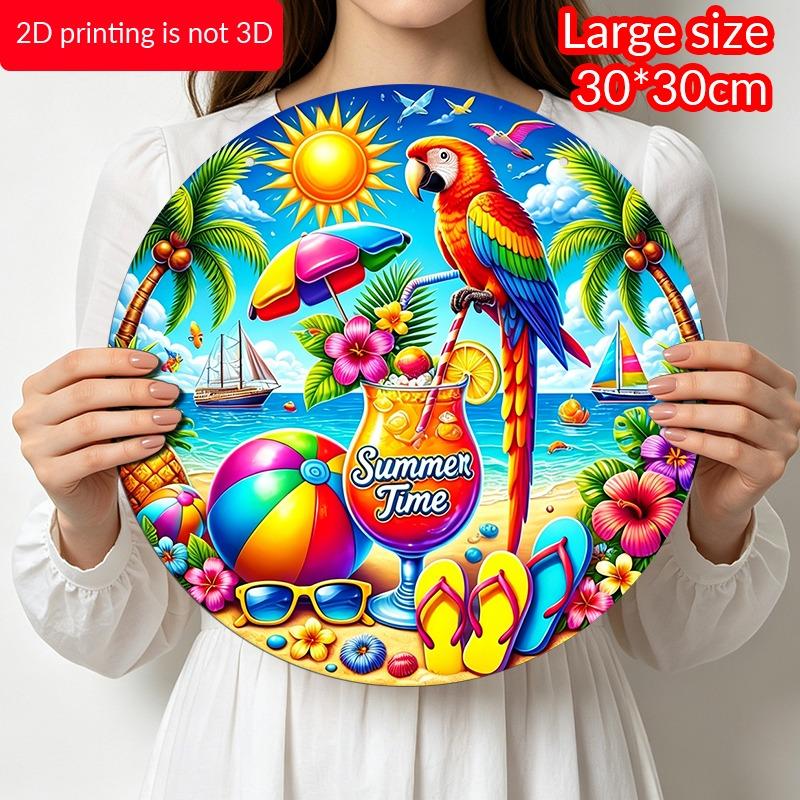 2D Flat Aluminum "Summer Moments" Decorative Signs and Plaques, Available in Various Sizes. Tropical Parrot Beach Pattern Metal Wall Decorations