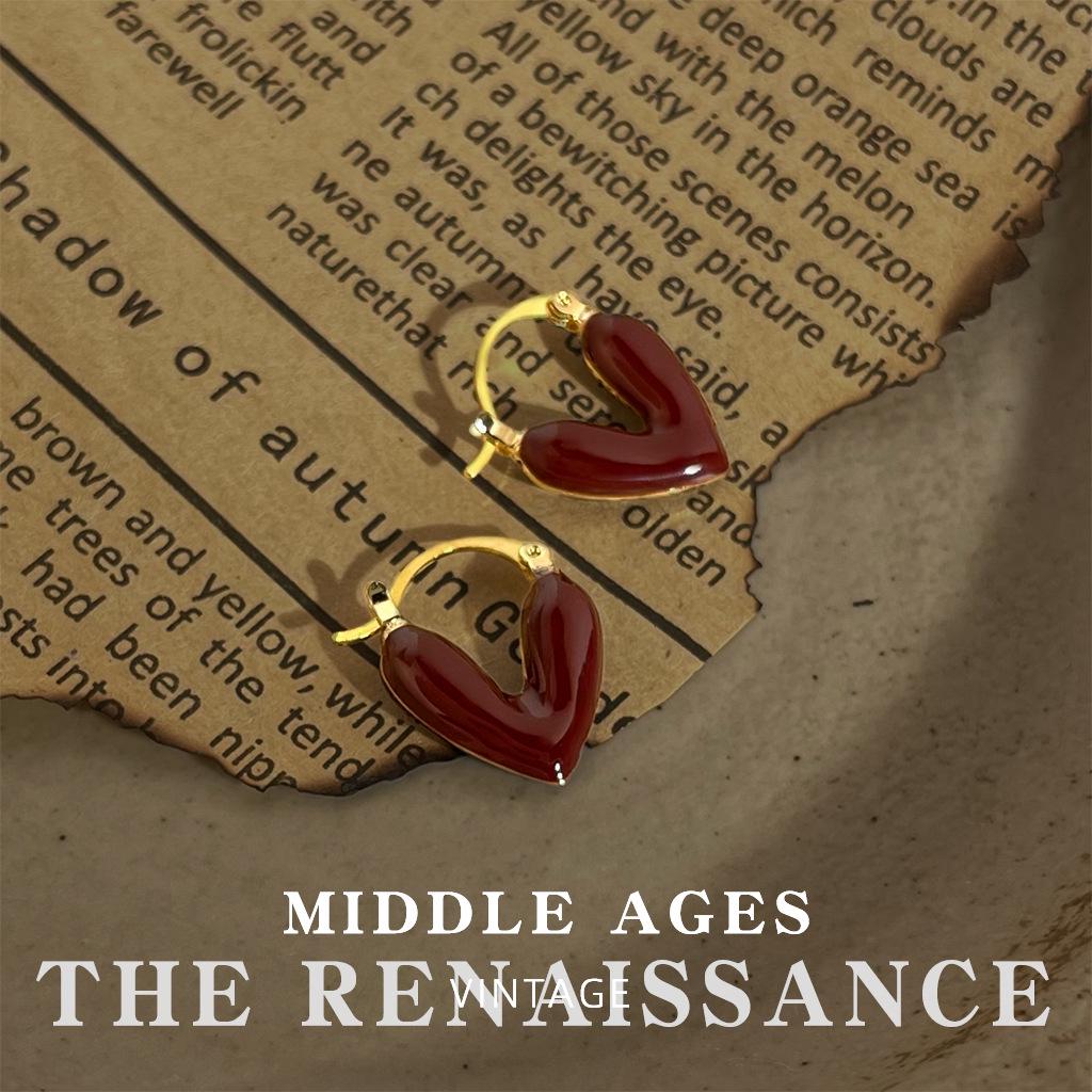 Vintage Burgundy Red Enamel Drop Earrings - Retro French Style Studs
