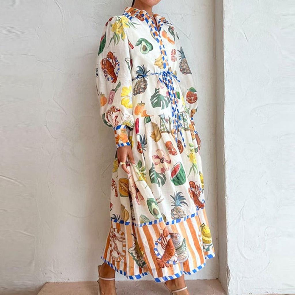 Женские весенние и повседневные модные платья с V-образным вырезом и длинным рукавом с принтом на пуговицах