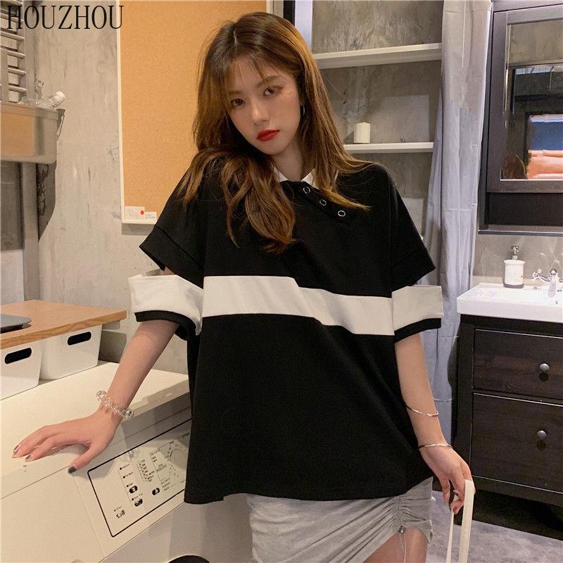 HOUZHOU Футболка ПОЛО женская летняя корейская свободная с коротким рукавом полая корейская шикарная повседневная оверсайз