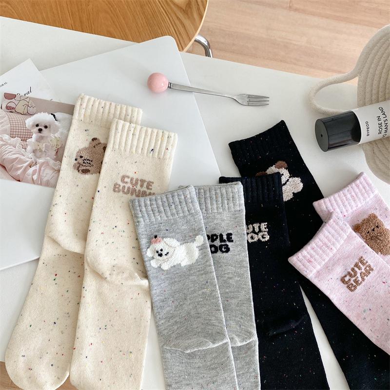 Cartoon Animal AB Letter Flocked Socks, Women's Dot Yarn Pile Socks, Pure Cotton Mid-calf Socks