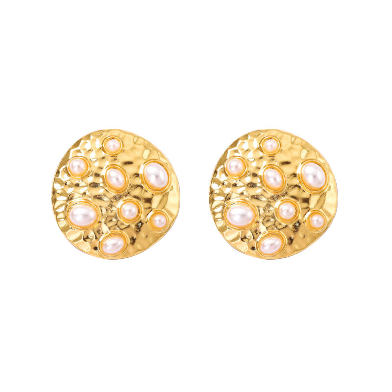 Bohemian Inlay Imitation Pearl Round Drop Earrings for Women Ladies Temperament Hammer Texture Earrings Vacation Jewelry Gifts