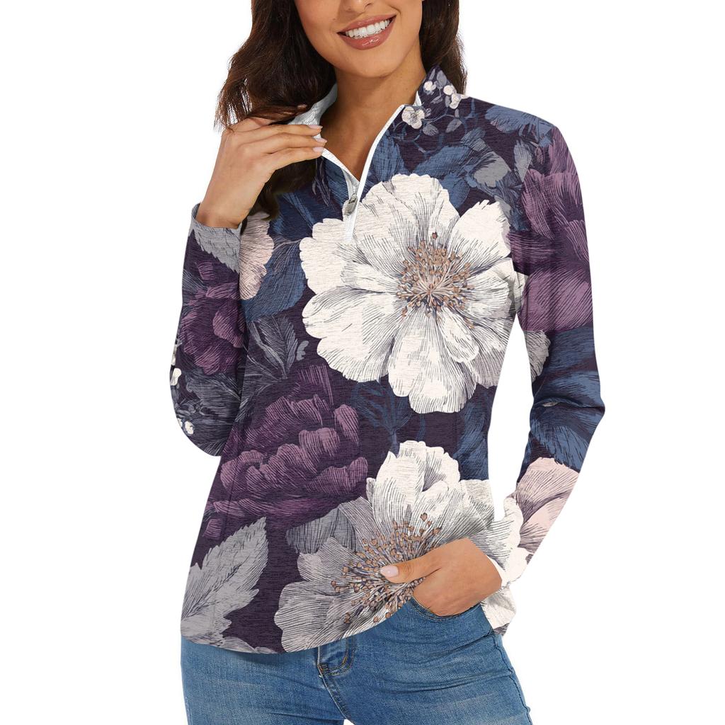 Women's Casual Fashion Retro Floral Print Long Sleeve Zipper Neck Top T-shirt