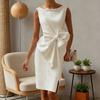 Женское приталенное платье без рукавов с драпировкой, бантом и разрезом сбоку, миди-платье, женское официальное коктейльное платье, платье для работы