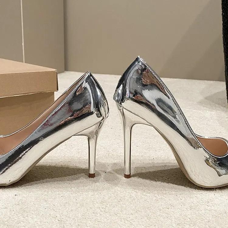 Модная женская обувь больших размеров 2024 года, новые туфли-лодочки с острым носком, глянцевые лакированные туфли на высоком каблуке, свадебные туфли Zapatos De Mujer