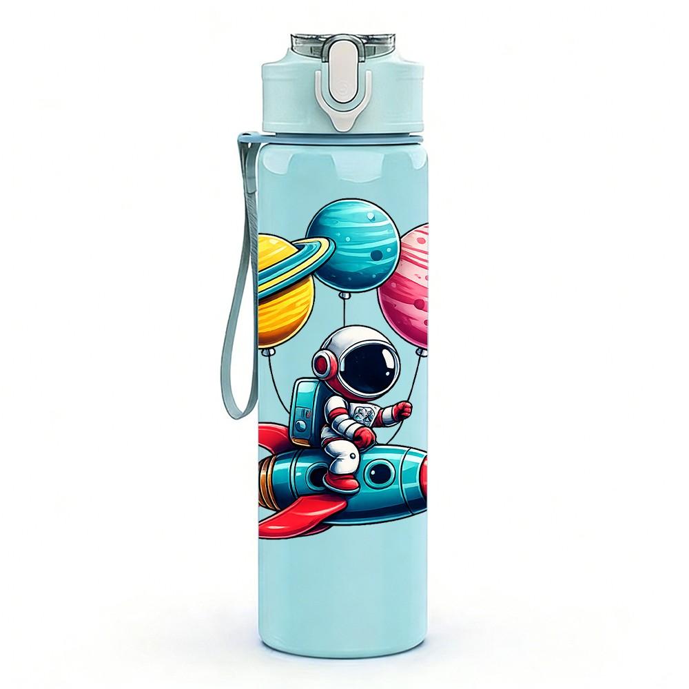 1PC Spaceman Play Toy Planet Cartoon Print 750ml Color Plastic Sports Water Bottle Leakproof Flip Straw Lid Suitable for Sports Office Home Use