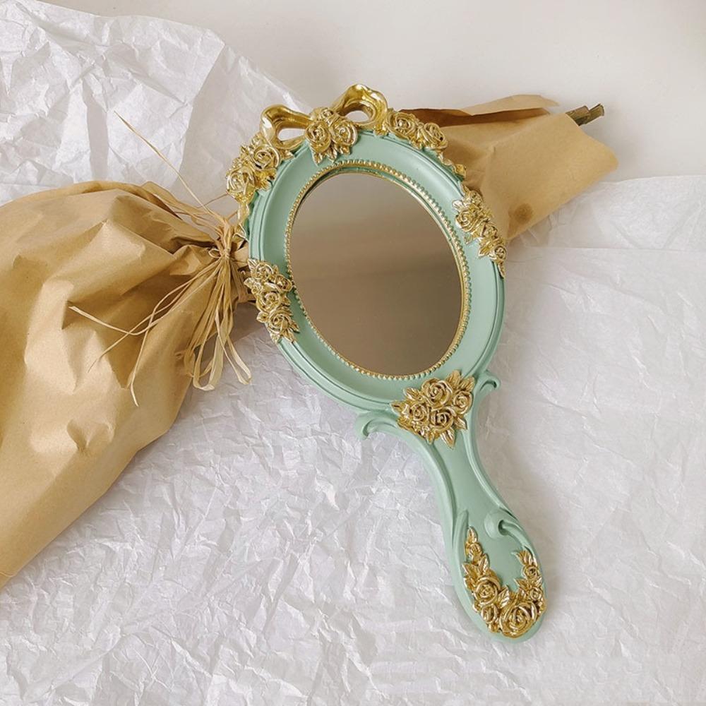 Embossed Rose Handheld Mirrors Single-Sided Vintage Mirror Creative Cosmetic Mirror Travel Use
