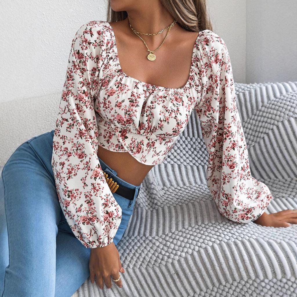 Ранняя осень, цветочный, рукав-фонарик, завязка, приталенная талия, кроп-топ для женщин