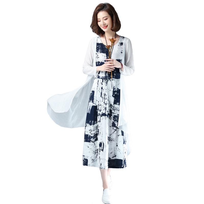 Женский летний костюм-двойка из хлопка и льна с шалью с принтом тушью, 2025