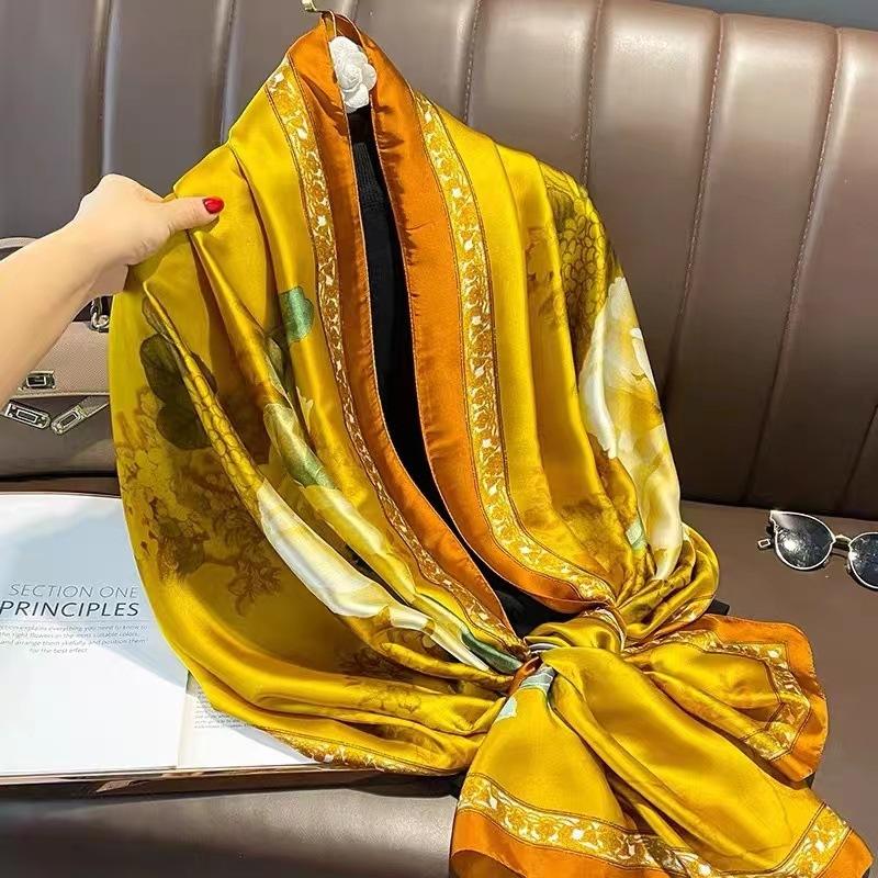 New Spring and Autumn Retro Floral Cranes Temperament Simulation Silk Large Long Scarf Sunscreen Outwear Shawl Female Silk Scarf