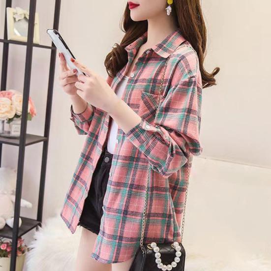 Отложной воротник, длинный рукав, однобортная рубашка с накладными карманами, свободная рубашка, классическая повседневная рубашка с клетчатым принтом, блузка, женская одежда