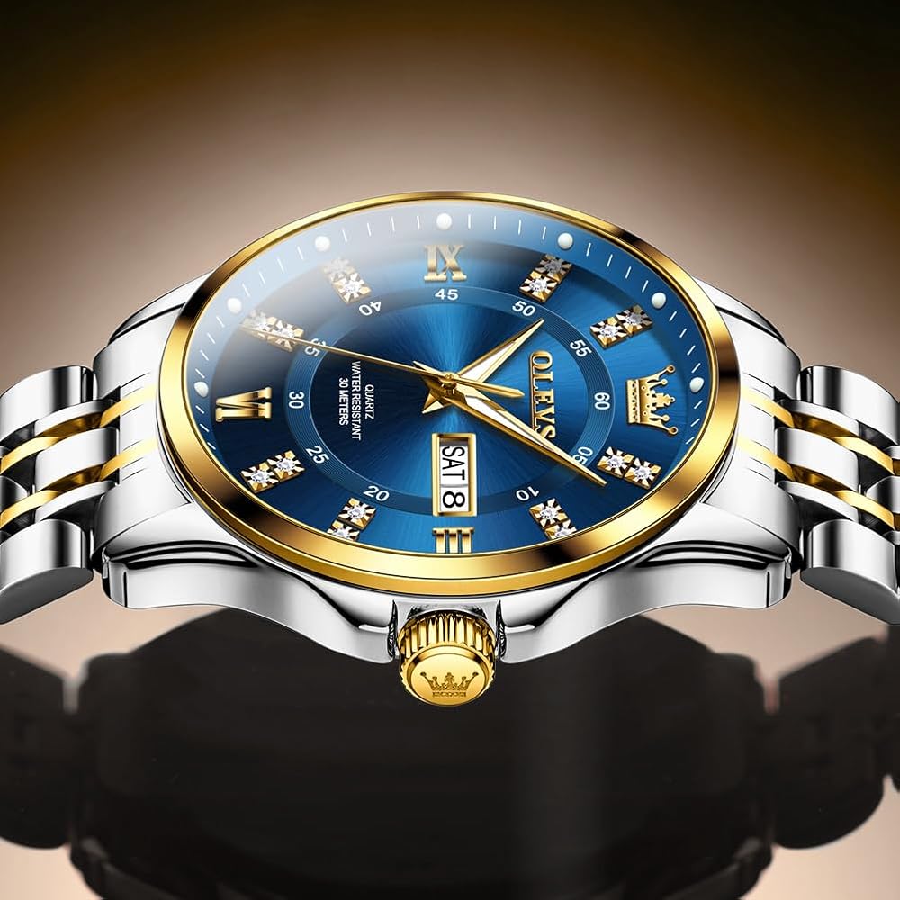 OLEVS Men's Diamond Watch Business Dress Watch Waterproof Luminous Golden Big Dial Quartz Analog with Date Calendar and Stainless Steel Band