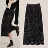 Velvet Midi Skirt High Waist Slimming Sequin Decor Solid Color Party Skirt Retro Straight Fit Sparkling Skirt