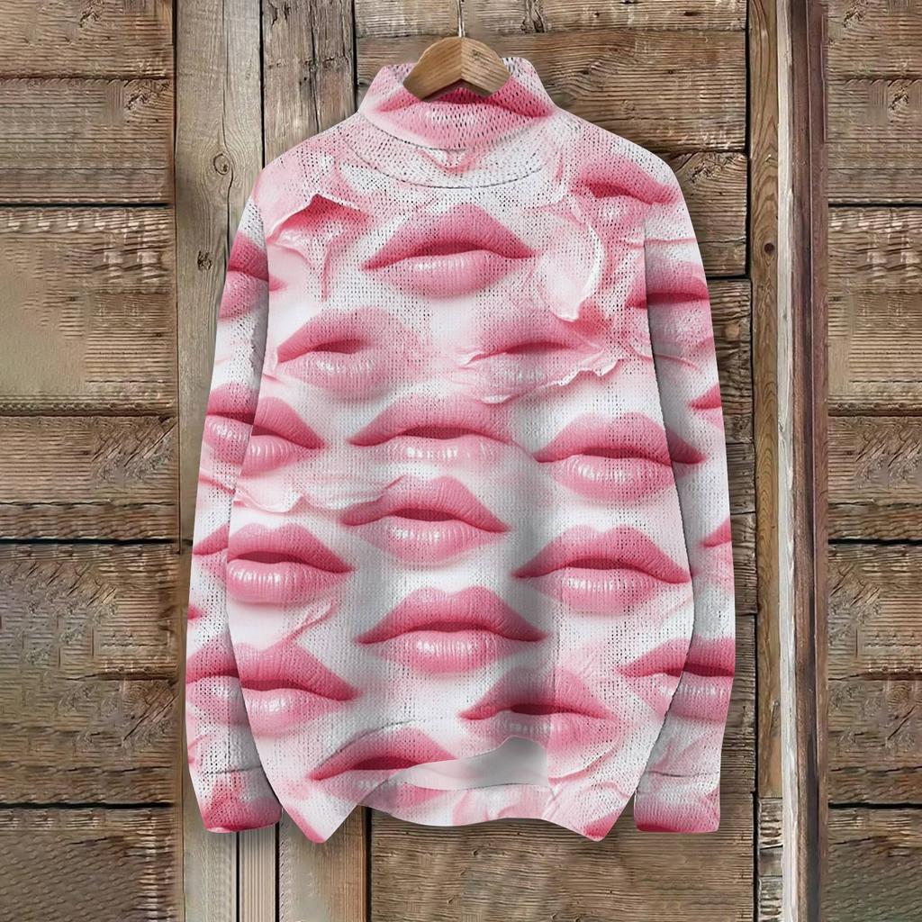 Женская мода, повседневная водолазка с круглым вырезом и длинными рукавами, с принтом ко Дню святого Валентина, трикотажный топ