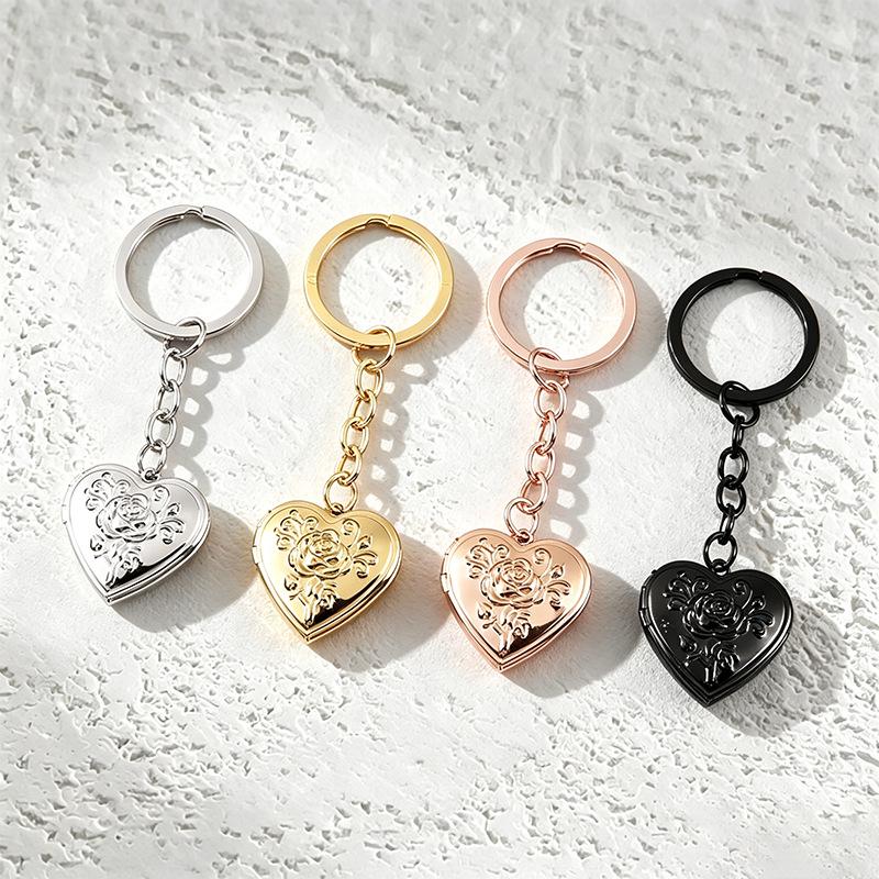 Rose Heart-Shaped Stainless Steel Keychain Photo Box with Mirror Finish