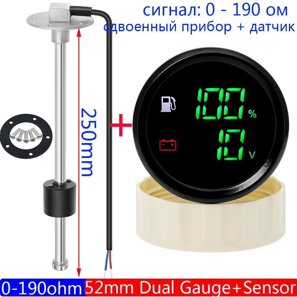 New 52mm Universal 2 in 1 Dual Gauge with Alarm LED Fuel Level Meter Voltmeter+Fuel Tank Level Sensor 0-190 Ohm Car Boat Custom