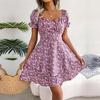 Summer Floral Dress for Women Square Collar Short Sleeve Lace Up Temperament Spring S-XL