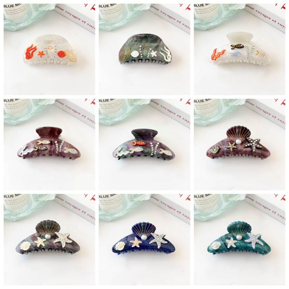 Starfish Ocean Shell  Hair Grab Hair Clip Acrylic Shark Clip Cute Rhinestone  Hair Claw  Girls