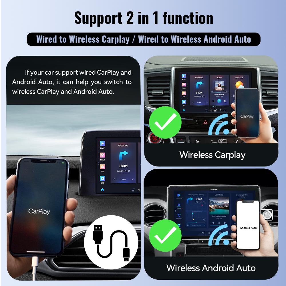 2025 НОВЫЙ 2-в-1 Беспроводной CarPlay AI Бокс Android Auto Plug and Play Применимо для преобразования оригинального проводного CarPlay автомобиля в беспроводной