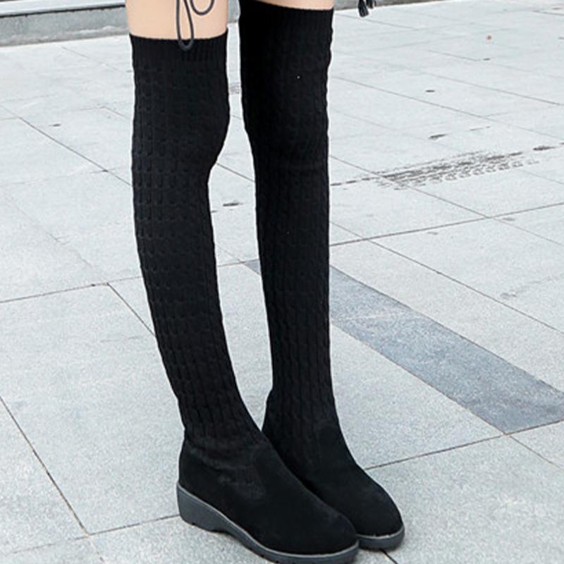 Модные женские туфли на плоской подошве, высокие сапоги, повседневные выше колена, вязаные туфли, женская обувь 2025 года, трендовая зимняя дизайнерская обувь, удобные сапоги-носки Mujer Botas