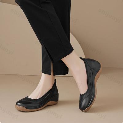 Женские туфли на танкетке Весна Осень Новые Удобные Увеличение роста Дышащие Кожаные туфли Слипоны Нескользящие Повседневные туфли