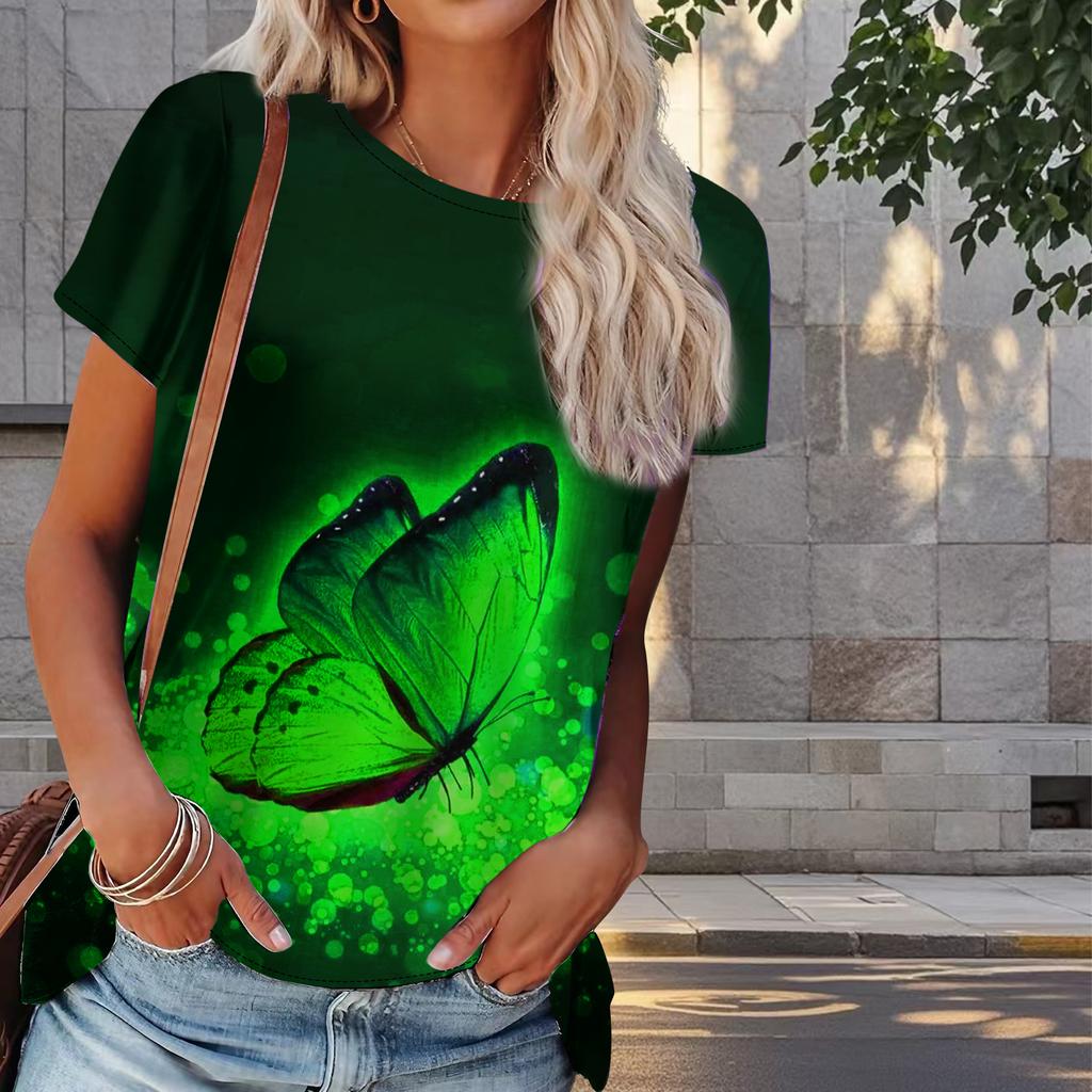 Women Summer T Shirt Butterfly Print Retro Fashion Short Sleeve Tees Casual   Printed  Tops