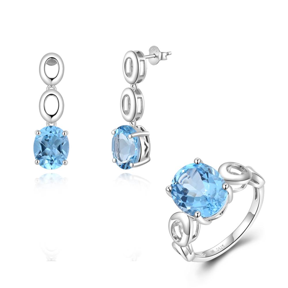 Beautiful Blue November Birthstone Natural Sky Blue Topaz Ring Earring Jewelry Set S925 Silver Jewelry for Ladies and Girls