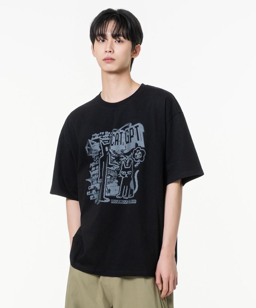 MOZMOZ Cat Gpt Oversized Graphic Short Sleeve T-Shirt Black