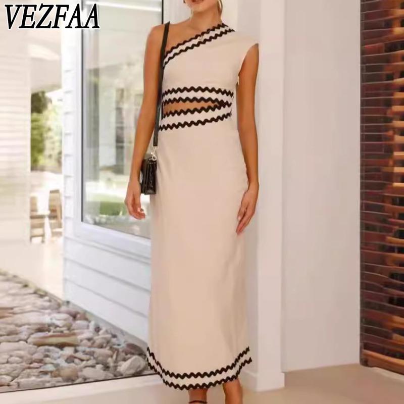 VEZFAA Женская мода лето весна кружевной принт без рукавов косой воротник высокая талия повседневные платья