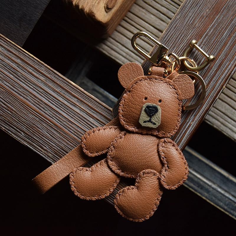 Original Design Teddy Puppet Bear Leather Car Key Bag Pendant Handmade Custom Gift Women's Keychain