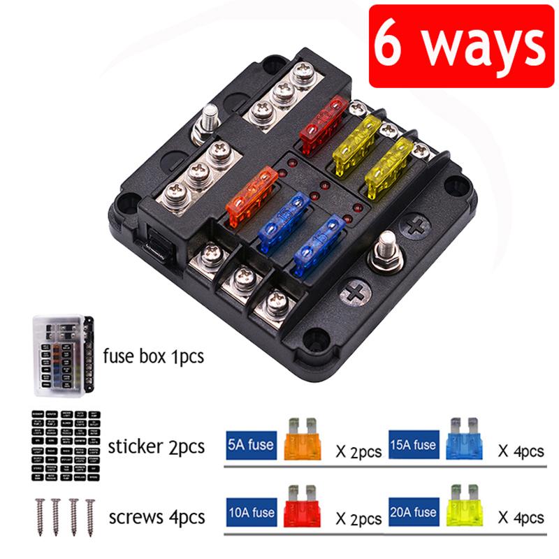 6-Way/12-Way Car Boat Blade Fuse Box Block Holder LED Indicator 12V 32V Auto Marine Waterproof Power Distribution Panel Board