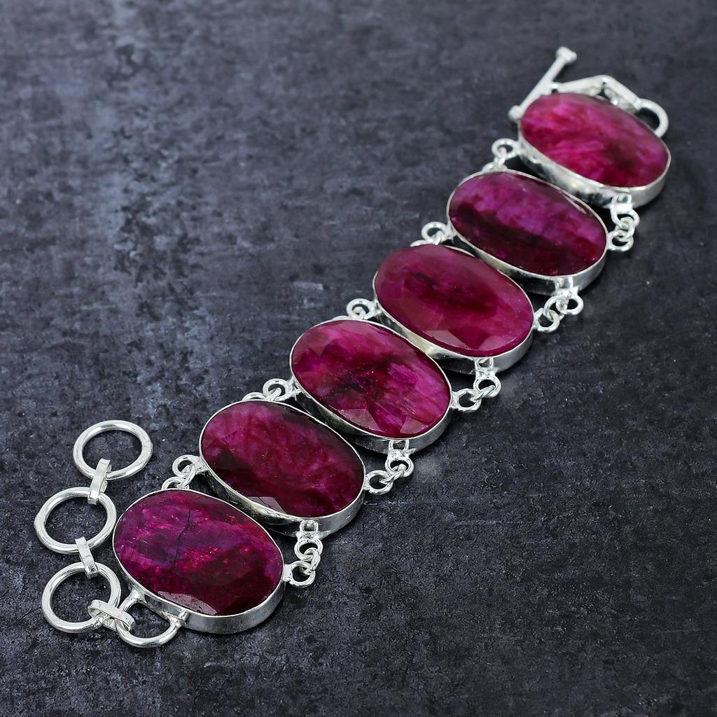 Kashmir Ruby NaturalGemstone 925 Sterling Silver Bracelet 7-8 W8f17