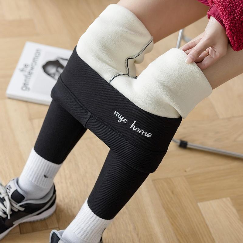 Winter Fleece Lined Leggings Women Tight Ankle Pants Gray Ribbed Slimming Sherpa Thick Warm Cotton Trousers